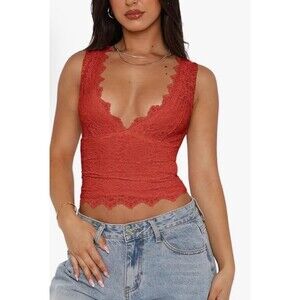 REORIA Womens Sexy V-Neck Sleeveless Double Lined Y2K Trendy Lace Crop Tank S